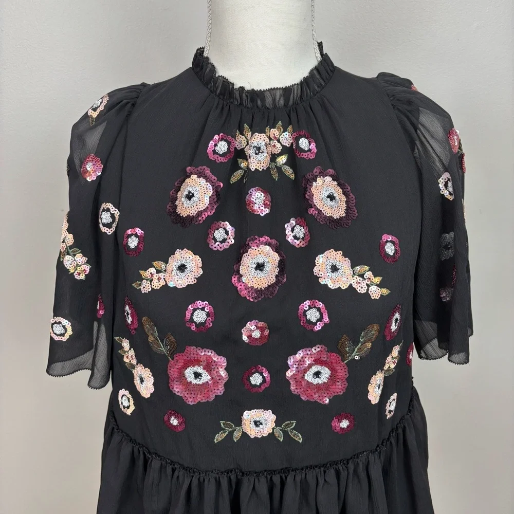 Kate Spade X Madison Avenue Top Womens XXS Black Sequin‎ Floral Blouse